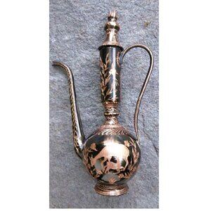 Etched Copper Black Enameled Small Middle Eastern Decorative Ewer/ Vase